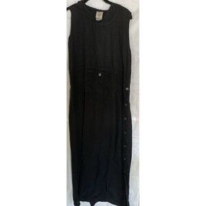 Vintage TomTom Dress Womens Med Maxi Black Linen USA Kangaroo Pocket & Hoodie